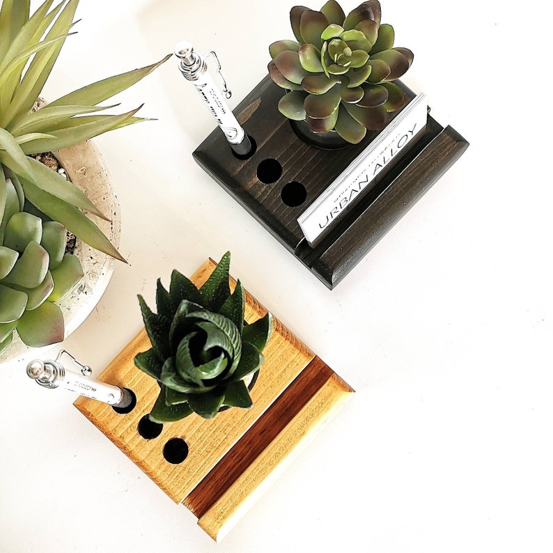 Wood Business Card Desk Organizer with Succulent Accent, Office Decor Gift, New Business Owner Gift, Succulent Planter image 4