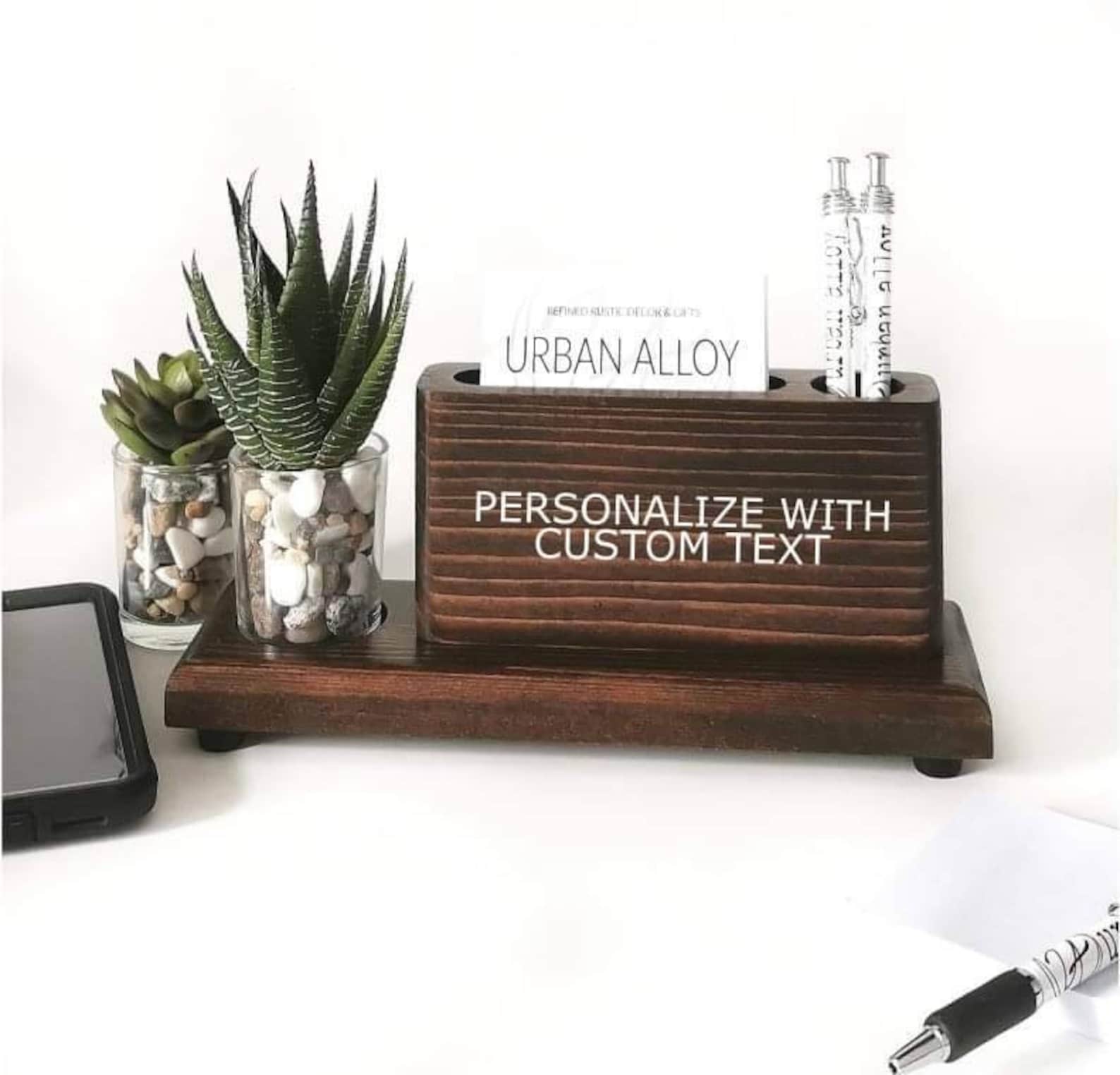 Custom Wood Pen and Business Card Desk Caddy, Desk Accessories