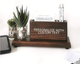 Custom Wood Pen and Business Card Desk Caddy, Desk Accessories, Succulent Decor, Desk Organizer, Office Gift, Office Decor