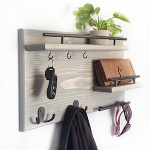 Wood Coat Rack Entryway Organizer, Mail Storage, Key Hook, Floating Shelf, Wall Mounted Wood Organizer, Entryway Hooks. Rustic Coat Rack image 1