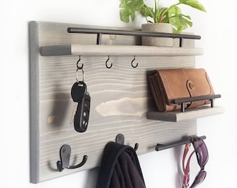 Wood Coat Rack || Entryway Organizer, Mail Storage, Key Hook, Floating Shelf, Wall Mounted Wood Organizer,  Entryway Hooks. Rustic Coat Rack