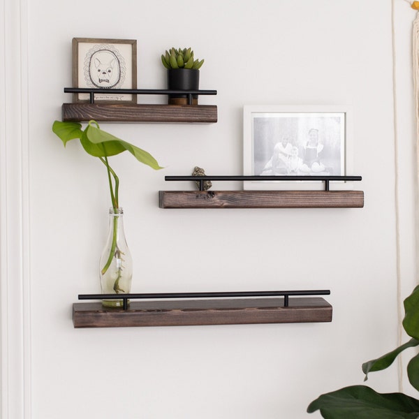 Rustic Pine Floating Wall Shelf with Black Metal Rail