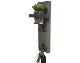 Vertical 2 Hook Key Holder For Wall with Succulent Planter, Entryway Wall Hooks, Wall Hanging, Entryway Decor, Apartment Decor