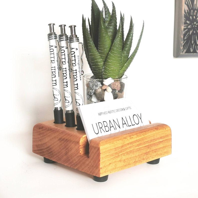 Wood Business Card Desk Organizer with Succulent Accent, Office Decor Gift, New Business Owner Gift, Succulent Planter image 5