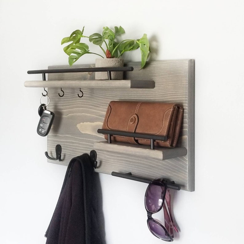 Wood Coat Rack Entryway Organizer, Mail Storage, Key Hook, Floating Shelf, Wall Mounted Wood Organizer, Entryway Hooks. Rustic Coat Rack afbeelding 7