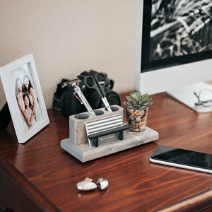 Wood Pen and Business Card Holder With Succulent Planter, Desk Organizer Caddy, Office Gift image 4