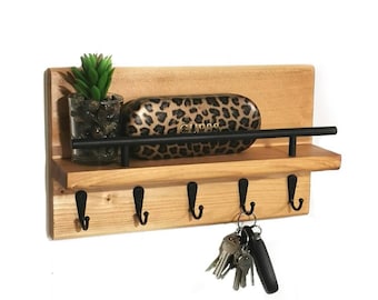 Entryway Organizer Key and Mail Shelf with Hooks, Rustic Home Decor Organizer, Multiple Key Holder