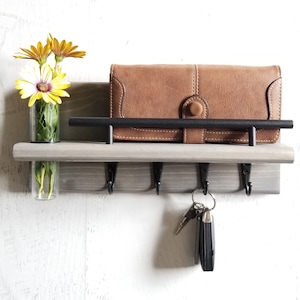 Bud Vase Key Holder for Wall, Mail and Key Shelf, Entryway Organizer, Wall Mount Key Rack, Wood Wall Organizer, Apartment Decor, Farmhouse Weathered Gray