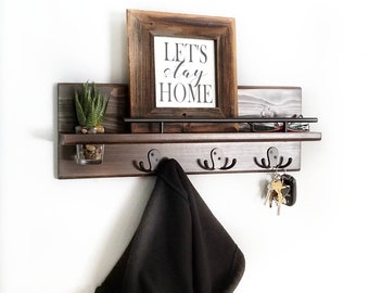 Wood Coat Rack || Entryway Organizer, Mail Storage, Key Hook, Floating Shelf, Wall Mounted Wood Organizer,  Entryway Hooks. Rustic Coat Rack