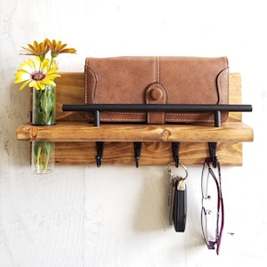 Bud Vase Key Holder for Wall, Mail and Key Shelf, Entryway Organizer, Wall Mount Key Rack, Wood Wall Organizer, Apartment Decor, Farmhouse American Walnut