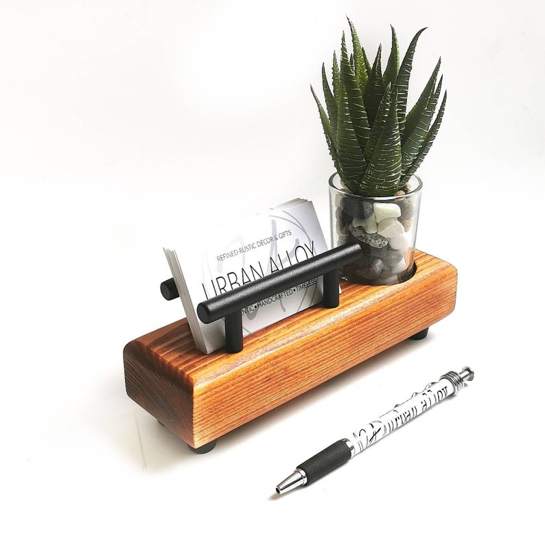 Business Card Holder, Wood Desk Caddy, Desk Accessories, Succulent Decor, Desk Organizer, Office Gift, Office Decor, Succulent Planter American Walnut