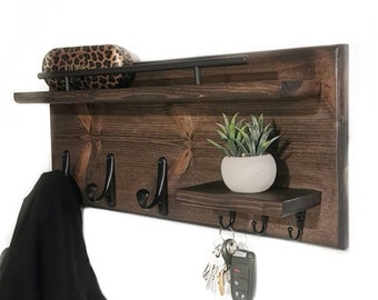 Modern Wood Coat Rack || Entryway Organizer, Mail Storage, Key Hook, Floating Shelf, Wall Mounted Wood Organizer,  Entryway Hooks