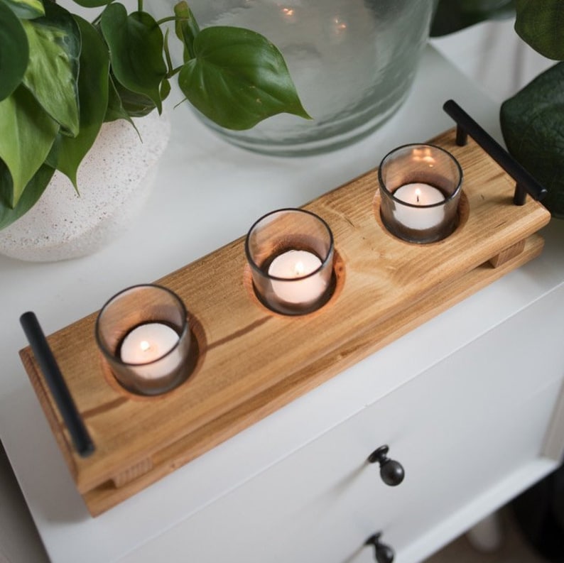 Long Wood Candle Tray Table Candle Holder Candle Platter Etsy