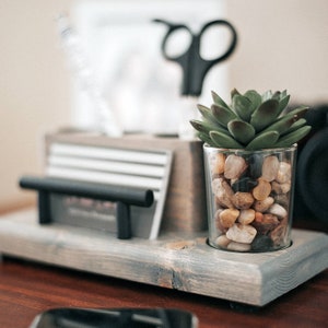 Wood Pen and Business Card Holder With Succulent Planter, Desk Organizer Caddy, Office Gift image 7