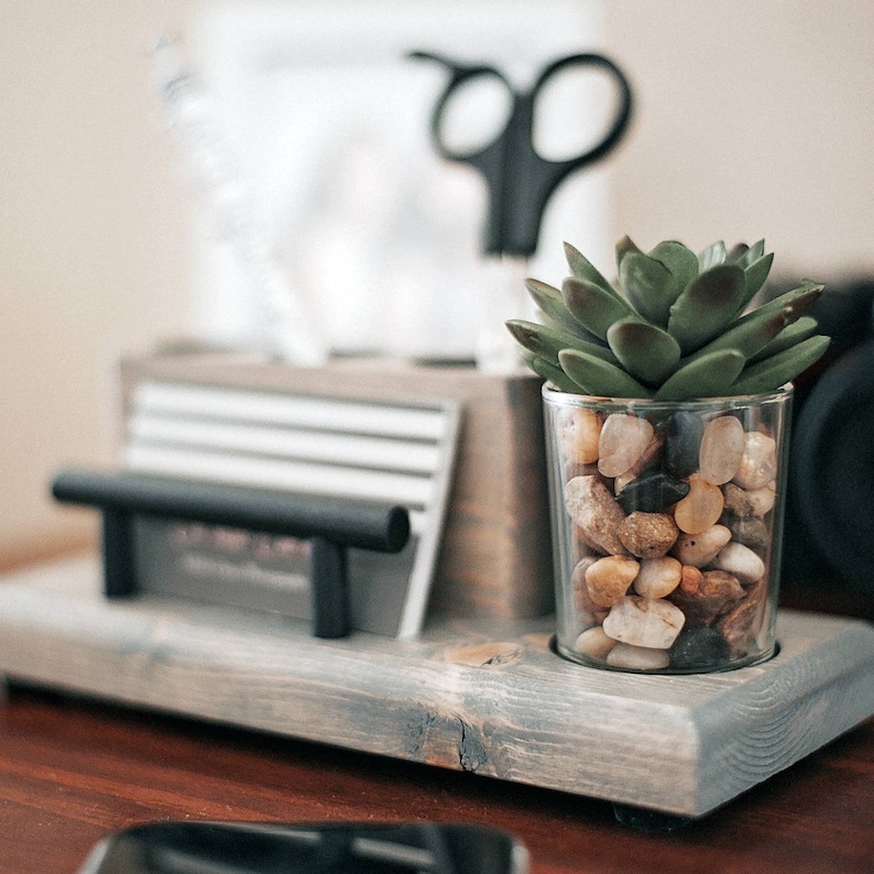 Wood Pen and Business Card Holder With Succulent Planter, Desk Organizer Caddy, Office Gift image 7