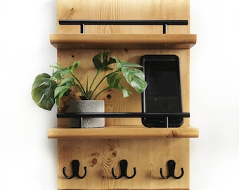 Entryway Organizer with hooks, Key Rack Mail Holder, Shelf with Hooks, Mail Storage, Mail and Key Shelf, Wood Organizer, Office Shelf