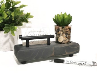 Business Card Holder, Wood Desk Caddy, Desk Accessories, Succulent Decor, Desk Organizer, Office Gift, Office Decor, Succulent Planter