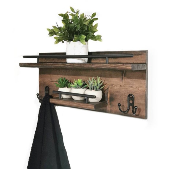 Organizador de pared de entrada y baño de madera, estante de pared con  ganchos, organizador de toallas de pared de baño, decoración de pared,  decoración moderna de entrada al hogar 