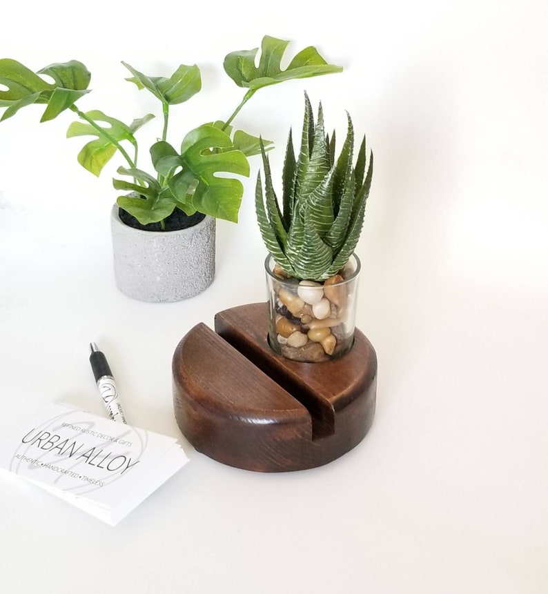 Round Wood Business Card Holder With Succulent Planter, Desk Caddy, Office Gift, Rustic Office Decor Kona