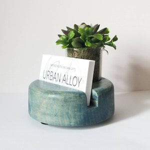 Round Wood Business Card Holder With Succulent Planter, Desk Caddy, Office Gift, Rustic Office Decor Worn Navy