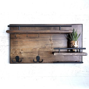 Wood Coat Rack Entryway Organizer, Mail Storage, Key Hook, Floating Shelf, Wall Mounted Wood Organizer, Entryway Hooks. Rustic Coat Rack afbeelding 6