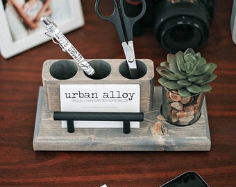 Wood Pen and Business Card Holder With Succulent Planter, Desk Organizer Caddy, Office Gift