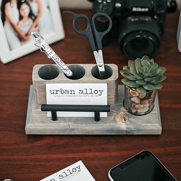 Wood Pen and Business Card Holder With Succulent Planter, Desk Organizer Caddy, Office Gift