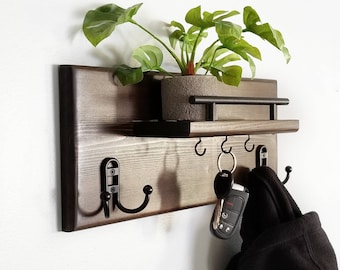 Wood Entryway Coat Rack Organizer, Wall Mounted Mail and Key Holder, Floating Shelf Rustic Coat Rack, Modern Home Organizer