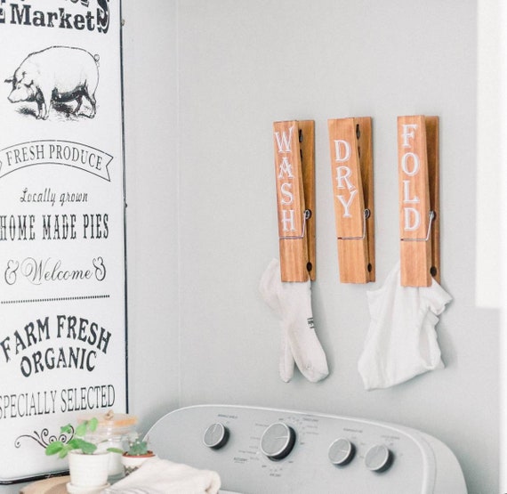 Laundry Room Decor Jumbo Clothespin Wall Accent Farmhouse Home Decor Accessories Wash Dry Fold Home Decor Signs