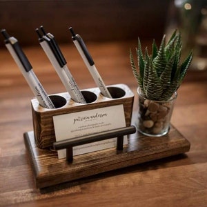 Wood Pen and Business Card Holder With Succulent Planter, Desk Organizer Caddy, Office Gift Kona