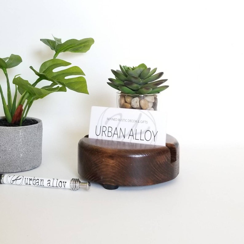 Round Wood Business Card Holder With Succulent Planter, Desk Caddy, Office Gift, Rustic Office Decor image 6