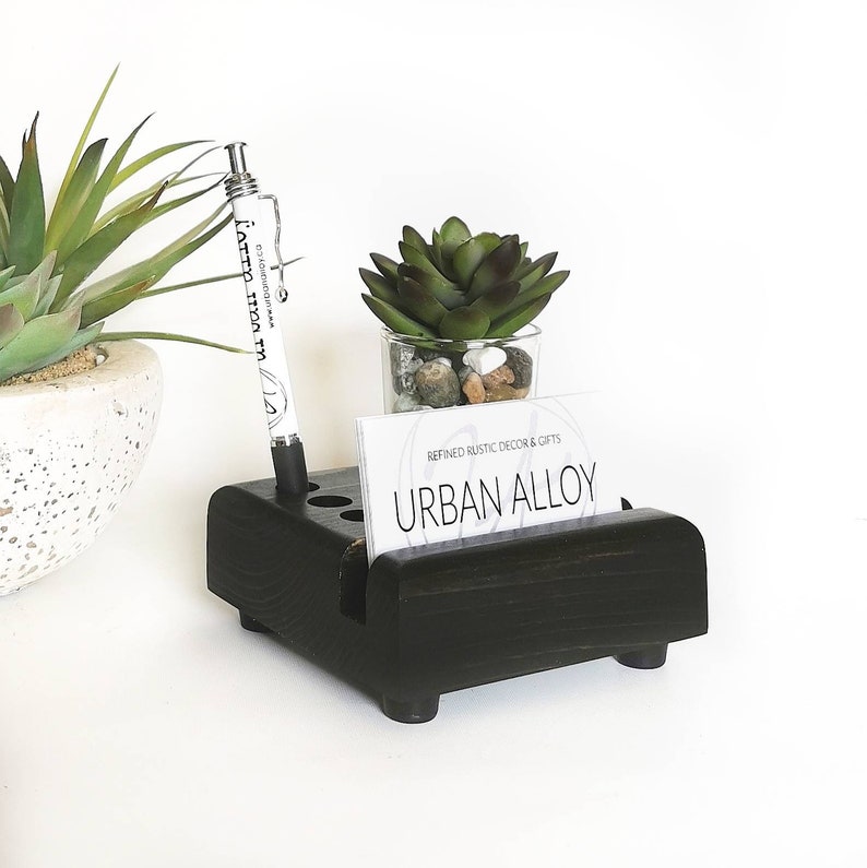 Wood Business Card Desk Organizer with Succulent Accent, Office Decor Gift, New Business Owner Gift, Succulent Planter Ebony