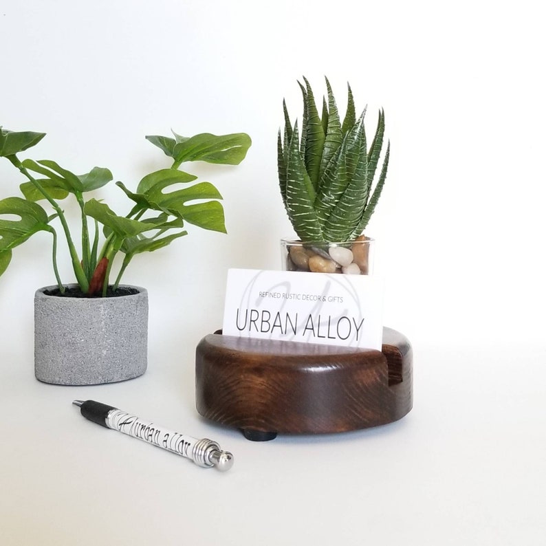 Round Wood Business Card Holder With Succulent Planter, Desk Caddy, Office Gift, Rustic Office Decor image 1