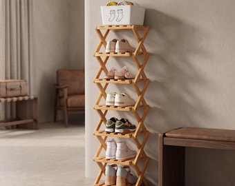 Foldable Bamboo Shoe Rack – Narrow Entryway Storage Tower in 4 to 9 Tiers