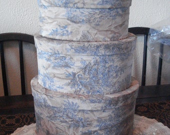 Primitive Set of Three Blue Toile Fabric Covered Paper Mache Oval Pantry Boxes