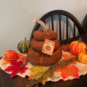 May include: A fall-themed arrangement featuring a stacked, plaid fabric pumpkin with a tag that reads "Perfect Pie Pumpkin Seeds." The display includes decorative gourds, colorful leaves, and small pumpkins in shades of orange, green, and red.
