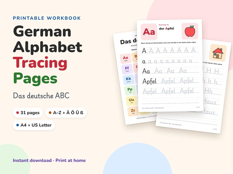 German Alphabet Tracing Worksheets, Deutsches ABC Printable, Kids ...