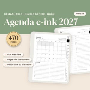 Peut inclure: Un agenda numérique e-ink 2027 pour Remarkable, Kindle Scribe et Boox. L'écran affiche un calendrier mensuel de janvier avec 470 pages, une liste de tâches et des onglets. Texte inclus : "Agenda e-ink 2027", "470 PAGES", "Français".