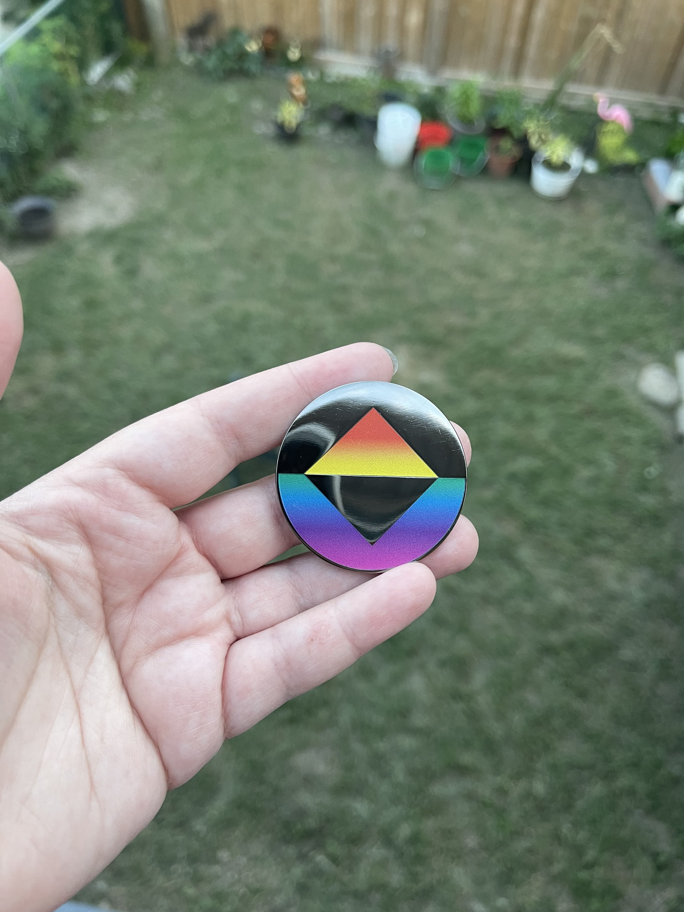 Seconds*** 1.75 inch Rainbow Cecil Icon Pin - Black nickel metal - Pride