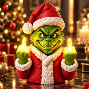 May include: A green, textured character figurine wearing a red Santa hat and coat with white trim. The character has a mischievous facial expression and is holding up both middle fingers, which are illuminated with a warm yellow light.