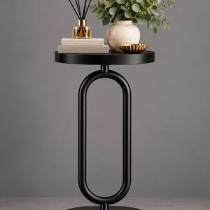 Modern Black Side Table, Unique Oval Frame Accent Table, Round End Table for Living Room, Bedroom and Contemporary Home Decor