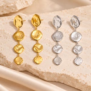 Hammered Disc Drop Earrings, Gold or Silver Tone, Long Irregular Dangle Statement Jewelry