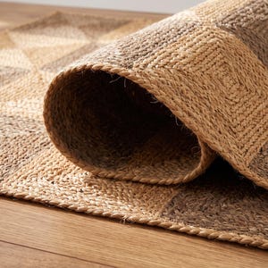 Hand Braided Geometric Rectangular jute rug Bohemian jute 7 x 12 ft carpets for kitchen, Custom size Modern Natural Jute rugs for home decor