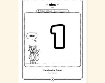 May include: A black and white educational coloring page featuring the number 1, a cartoon fox, and the German text eins, Mal die Zahl aus, and Ich sehe eine Sonne. The page includes English translations for one, Colour the number, and I see one sun.