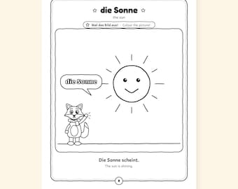 May include: A black and white coloring page featuring a smiling sun and a fox waving. The text reads die Sonne, the sun, Mal das Bild aus, Colour the picture, and Die Sonne scheint, The sun is shining. The page is numbered 8 at the bottom.
