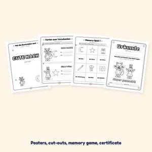 May include: Four printable activity sheets featuring black and white line art for children. The pages include a coloring sheet, gift cards, a memory game grid with German vocabulary, and a certificate featuring a fox and rabbit illustration.