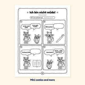 May include: A black and white coloring page featuring a four-panel comic strip titled Ich bin nicht m&uuml;de! with a fox and an owl. The panels show the characters interacting with speech bubbles containing German text and blank spaces for writing.