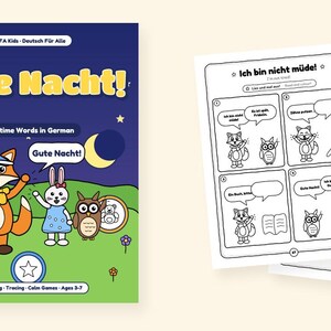 May include: A German language learning workbook for children titled Gute Nacht! featuring a blue cover with a fox, rabbit, and owl illustration. The workbook includes black and white activity pages with comic strips, speech bubbles, and tracing exercises.