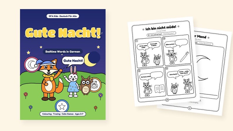May include: A German language learning workbook for children titled Gute Nacht! featuring a blue cover with a fox, rabbit, and owl illustration. The workbook includes black and white activity pages with comic strips, speech bubbles, and tracing exercises.