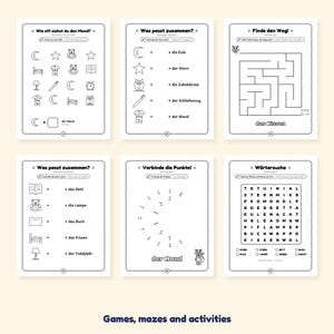 May include: A collection of six black and white activity sheets featuring educational games for children, including counting, matching, mazes, dot-to-dot, and word search puzzles with German text labels like der Mond, das Kissen, and das Bett.